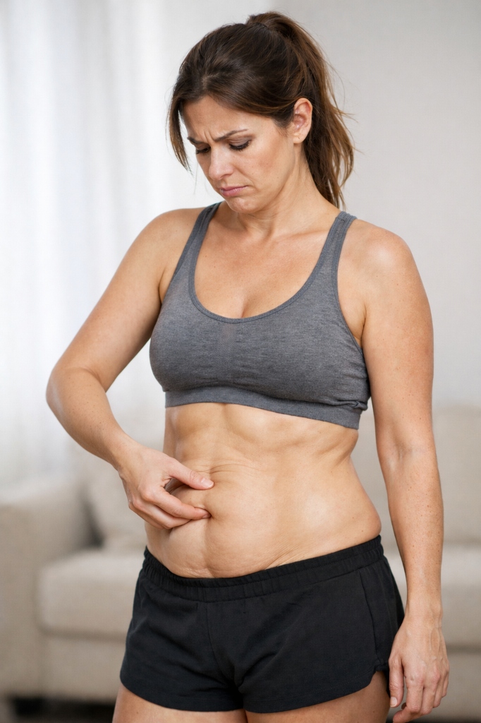 Mulher frustrada com flacidez abdominal